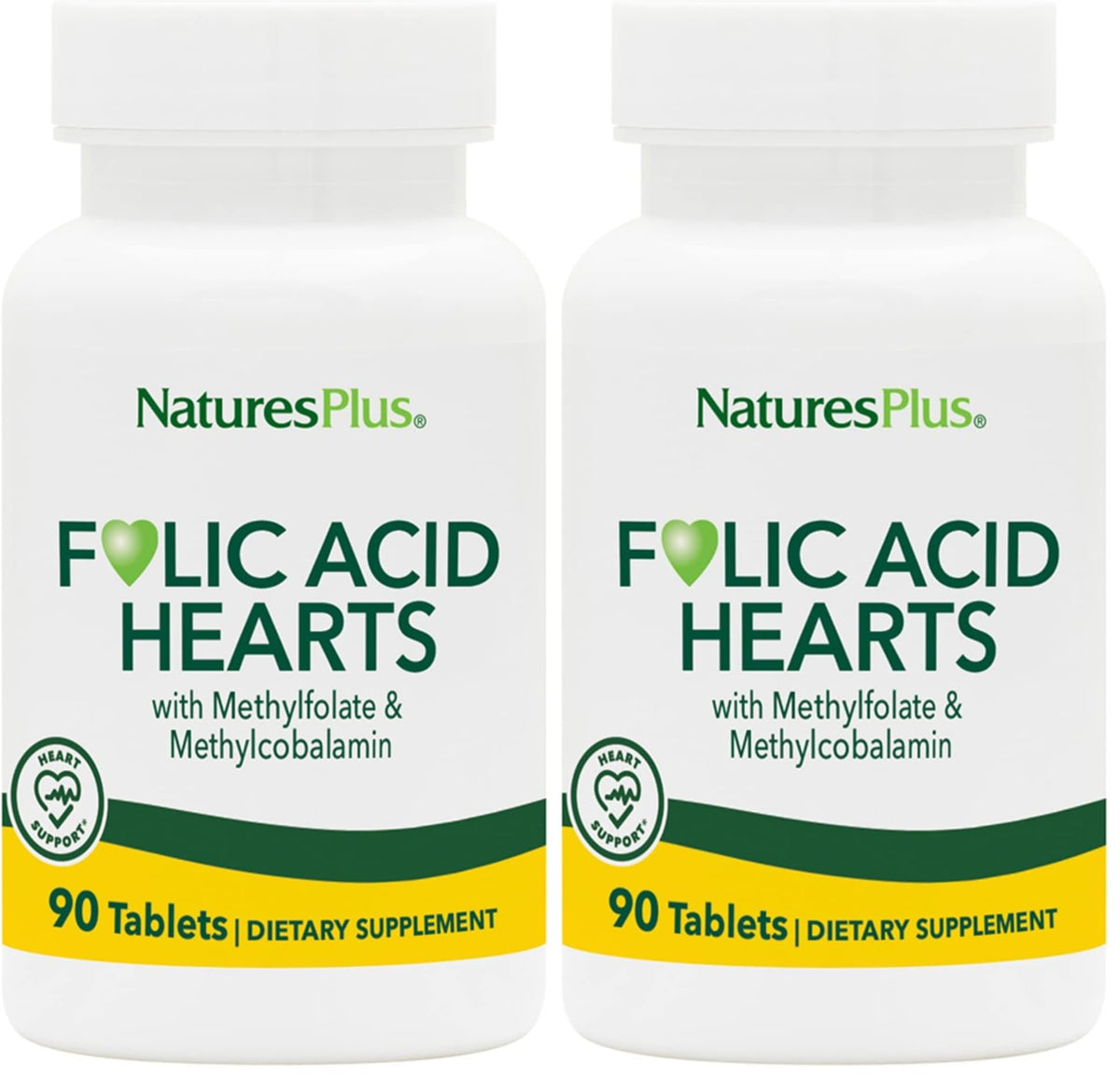 NaturesPlus Folic Acid Hearts bottle with heart-shaped tablets for daily heart health.