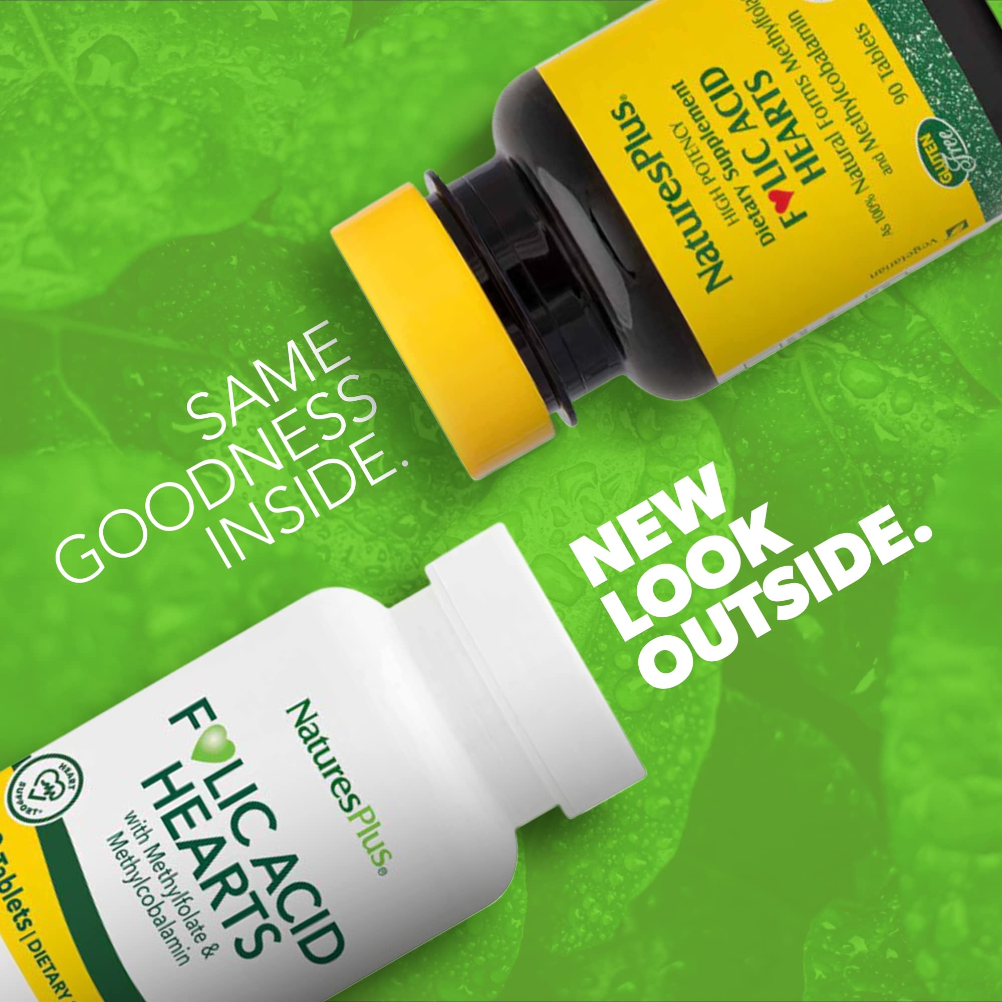 Tablets closeup from NaturesPlus Folic Acid Hearts highlighting B6 and B12.