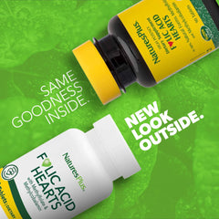 Tablets closeup from NaturesPlus Folic Acid Hearts highlighting B6 and B12.