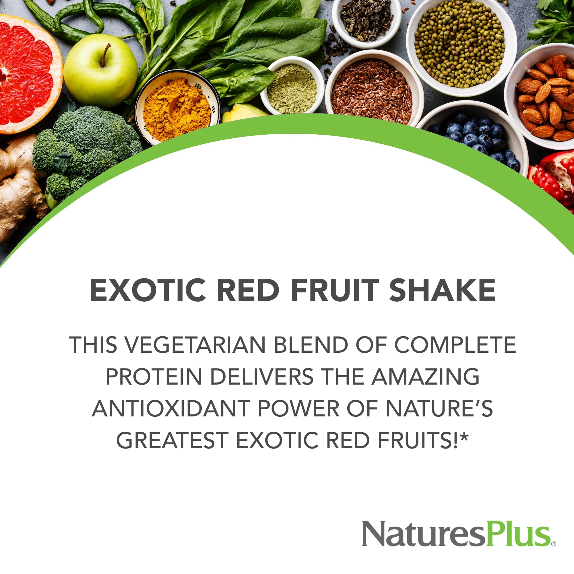 NaturesPlus Fruitein close-up with acai mangosteen and pomegranate accents