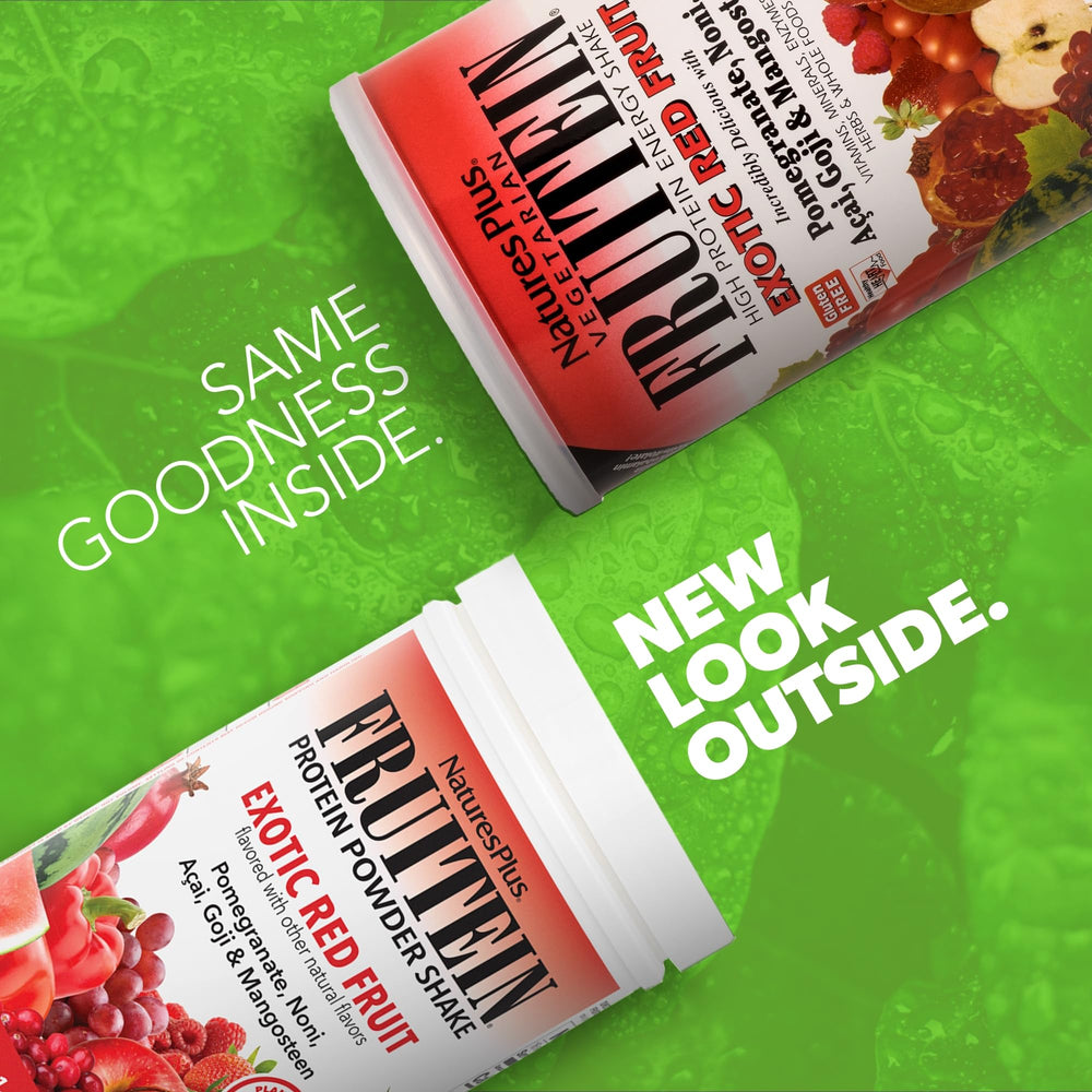 NaturesPlus Fruitein Exotic Red Fruit Shake being poured for a smooth blend