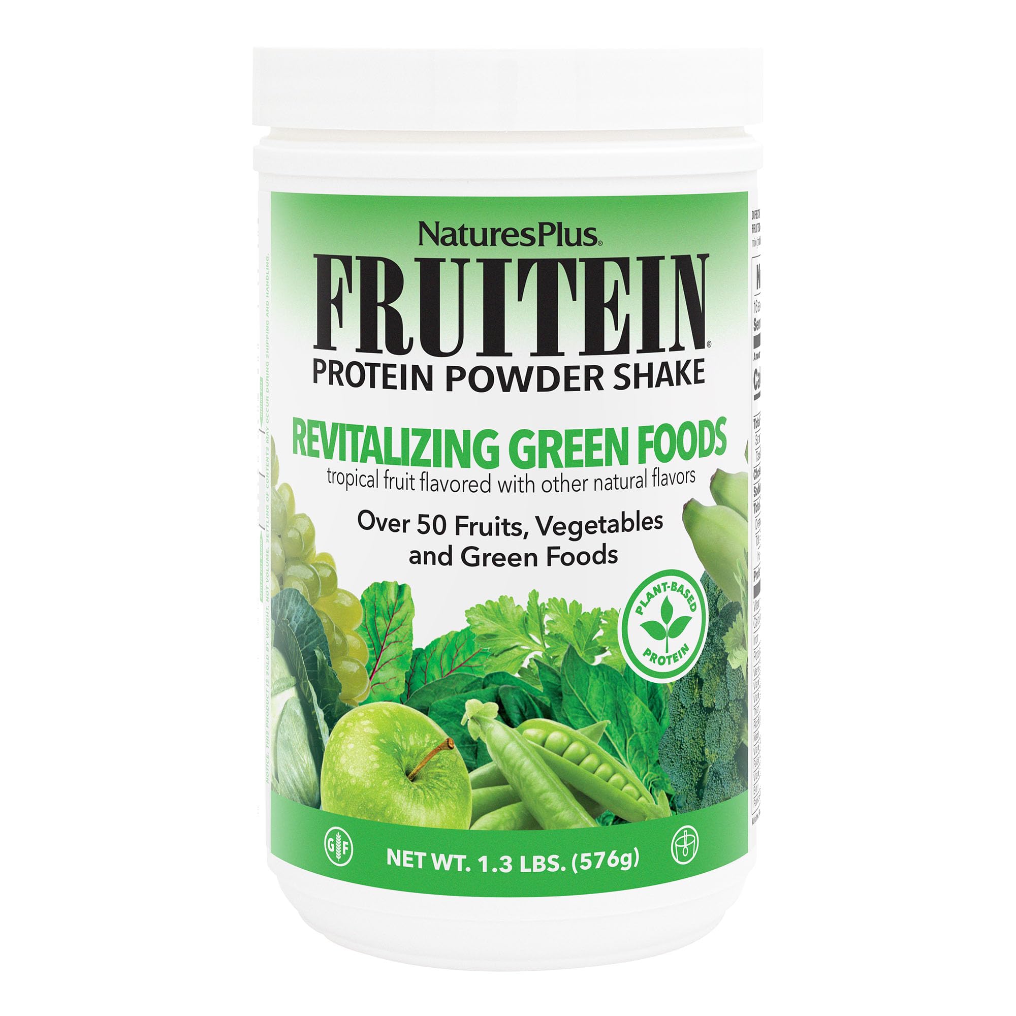 NaturesPlus Fruitein shake canister close-up showing plant-based protein benefits