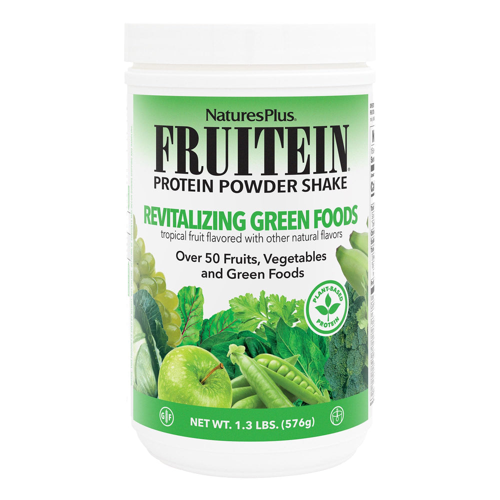 NaturesPlus Fruitein shake canister close-up showing plant-based protein benefits