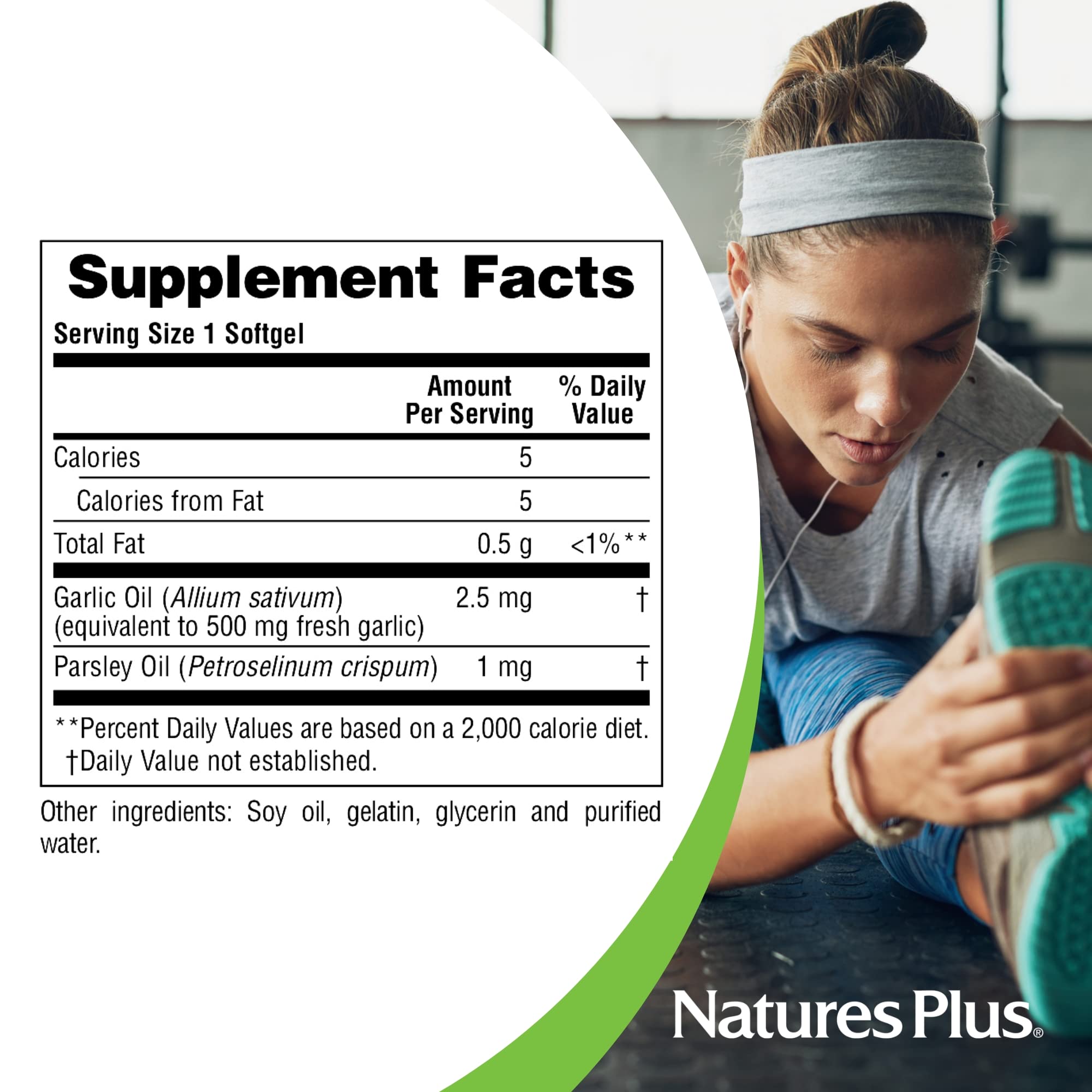 Nature's Plus Garlic and Parsley softgels parsley oil close-up.