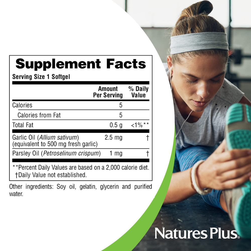 Nature's Plus Garlic and Parsley softgels parsley oil close-up.