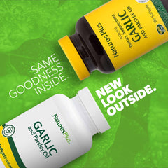 Nature's Plus Garlic and Parsley softgels label showcasing ingredients.