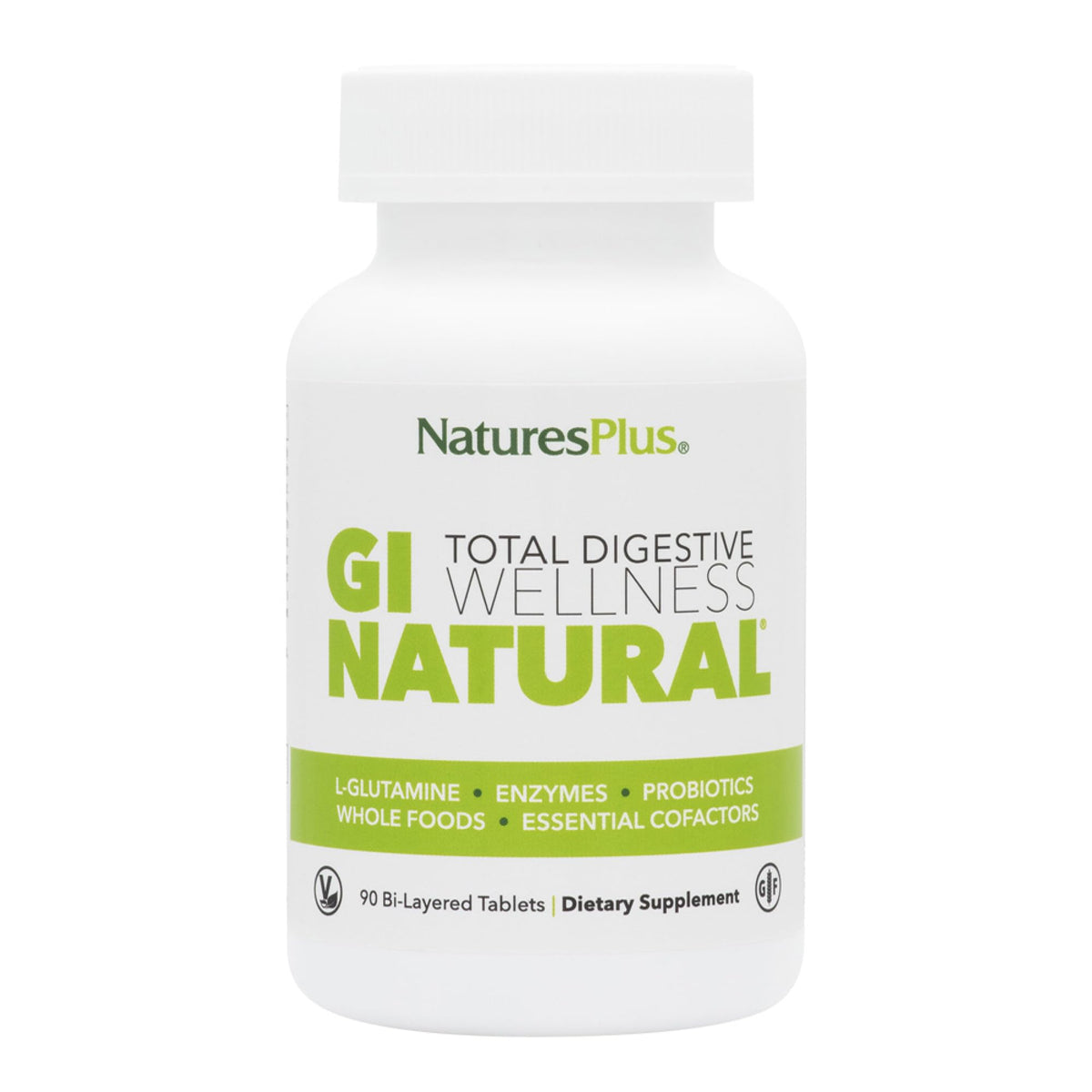 Nature’s Plus GI Natural bottle front showing probiotic blend for digestive balance.