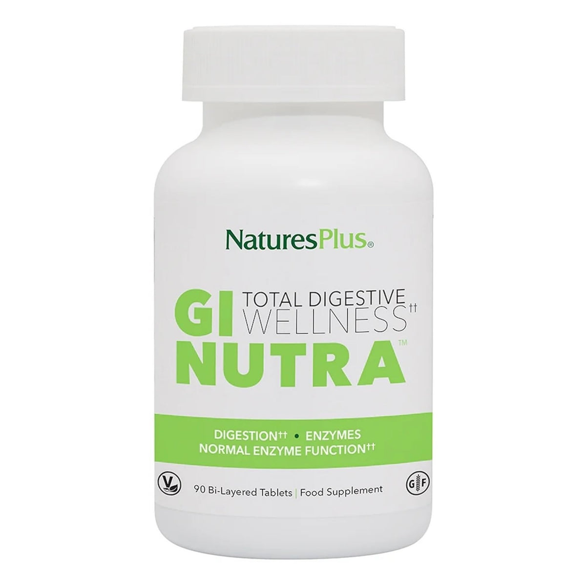 NaturesPlus GI Natural bottle front with 90 bi-layered tablets for digestive support