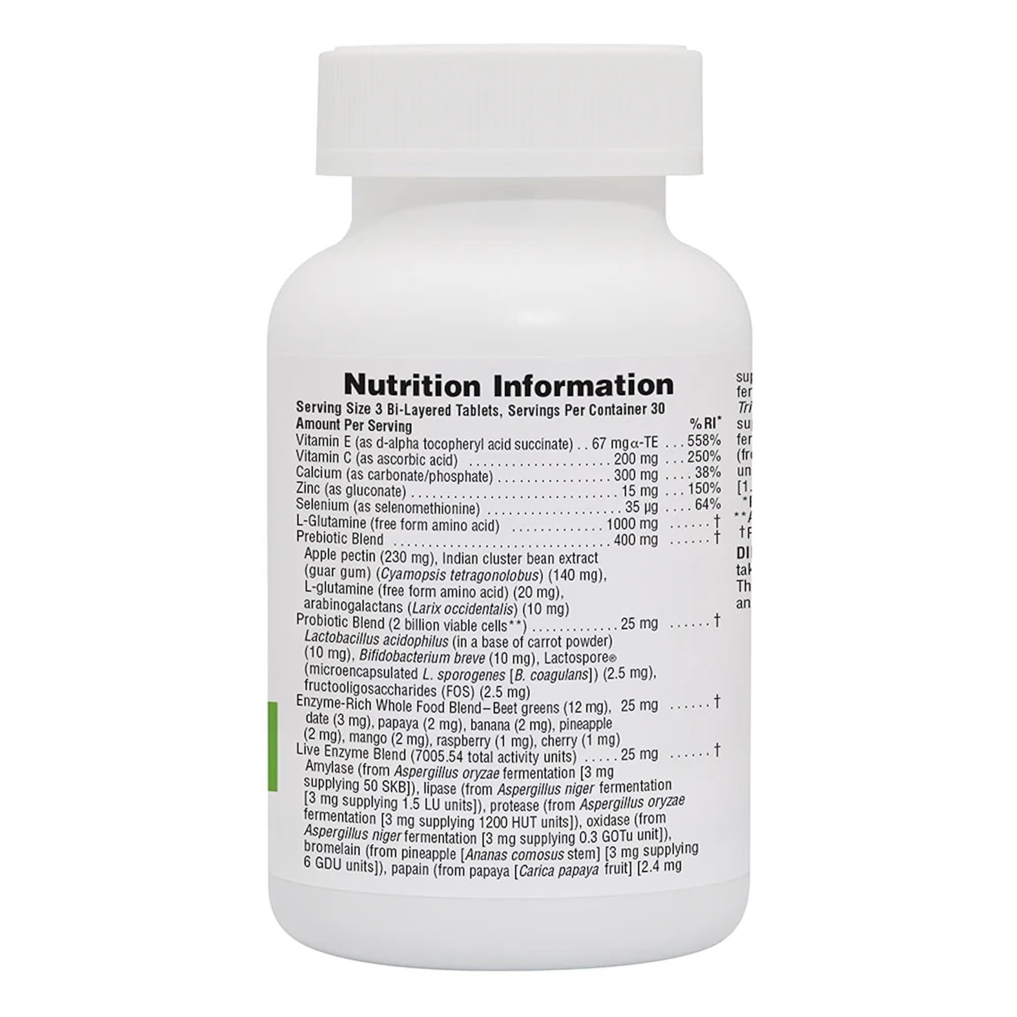 Closeup of NaturesPlus GI Natural tablets highlighting probiotic blend and enzyme support