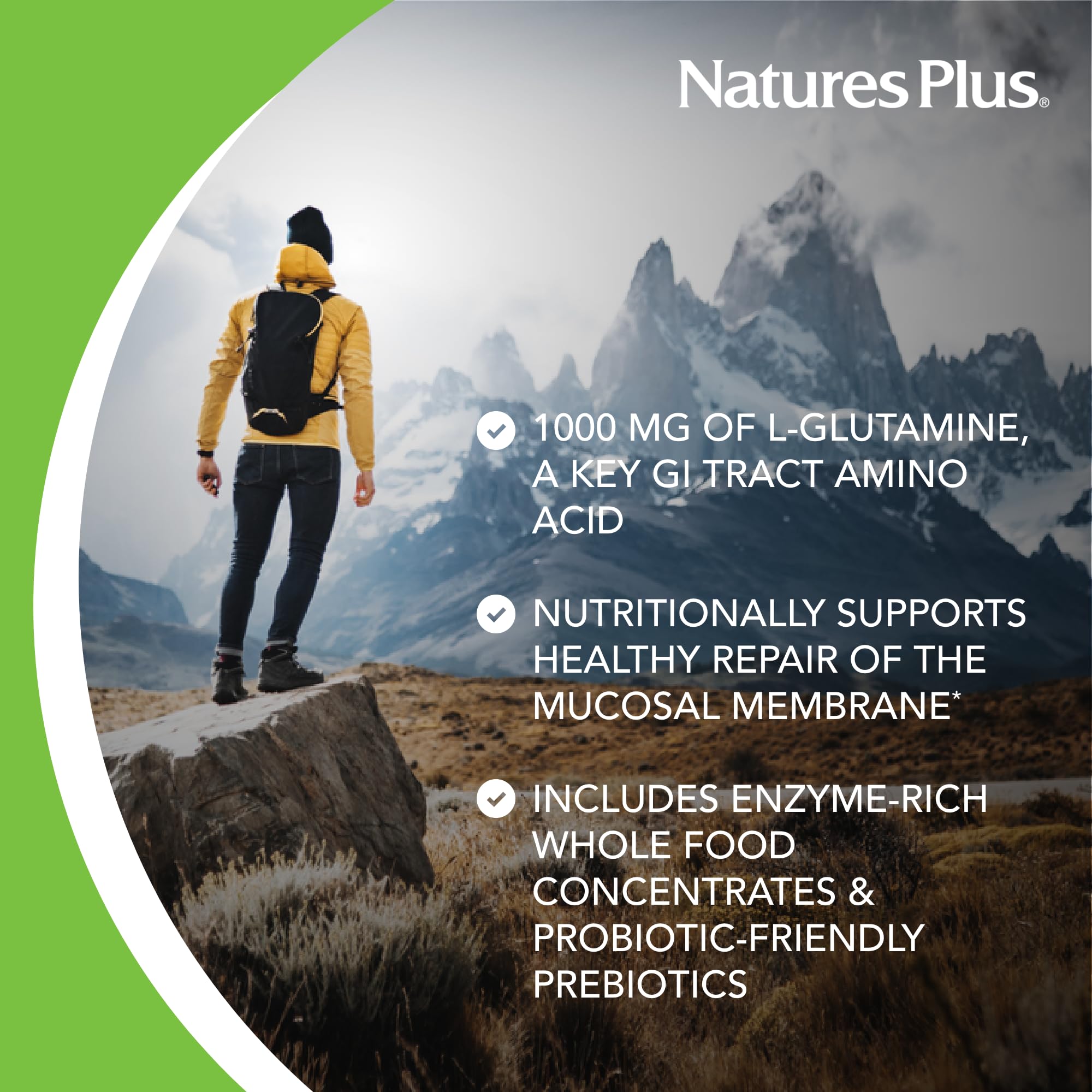 NaturesPlus GI Natural Total Digestive Wellness capsules in hand convey convenient daily probiotic support