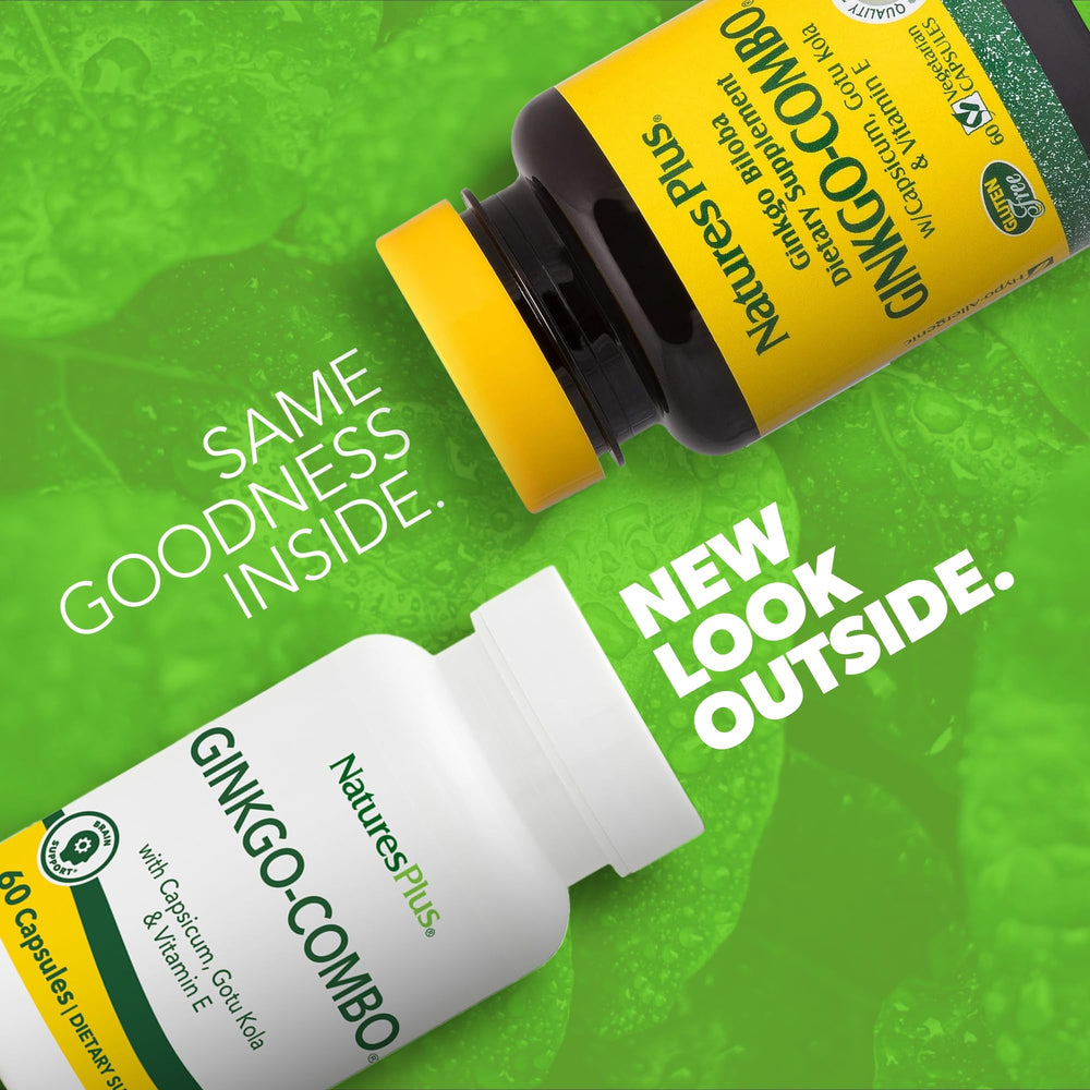 NaturesPlus Gingko-Combo capsules aligned, highlighting 120 mg per capsule for daily use.