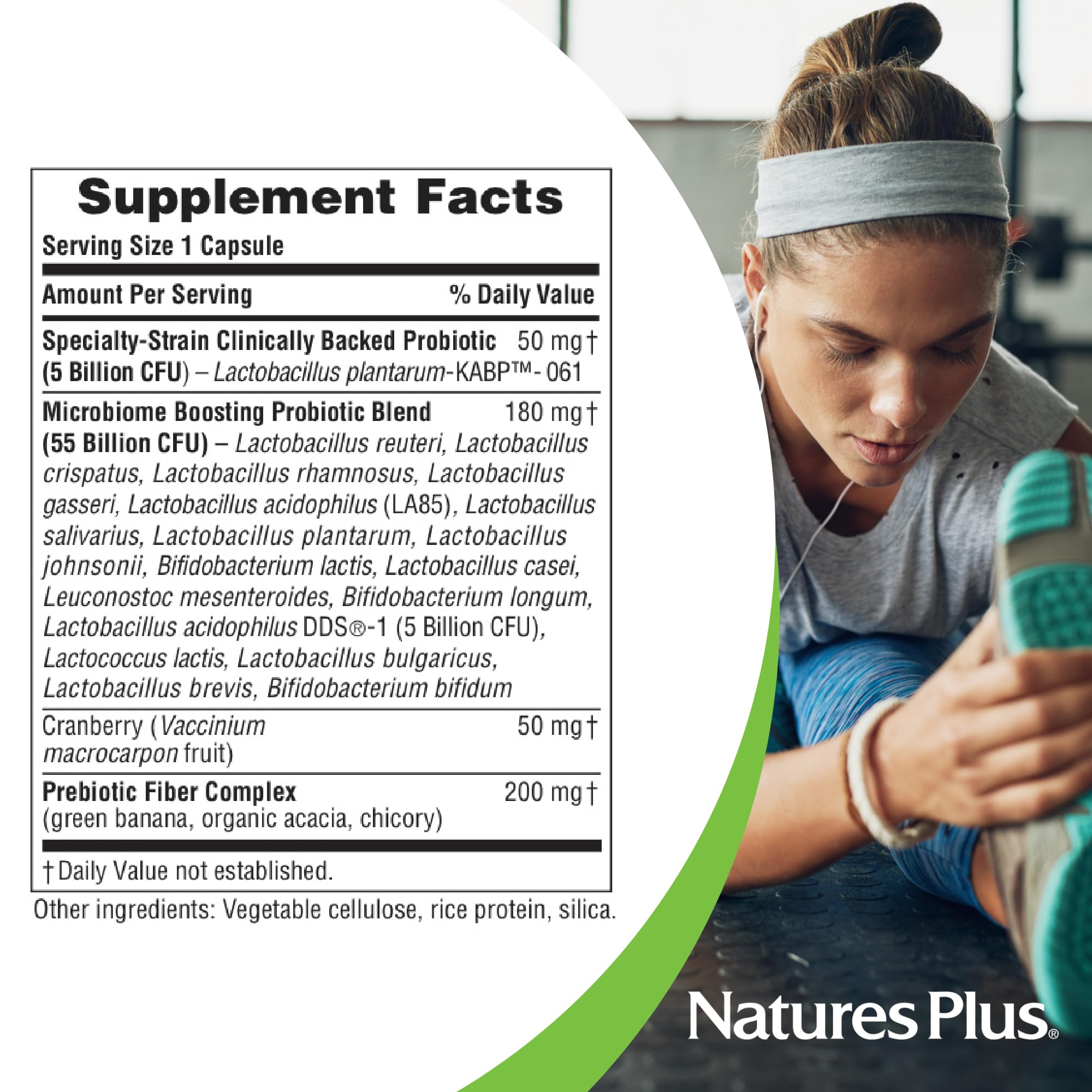 NaturesPlus gluten-free label signaling allergen-friendly probiotic option.
