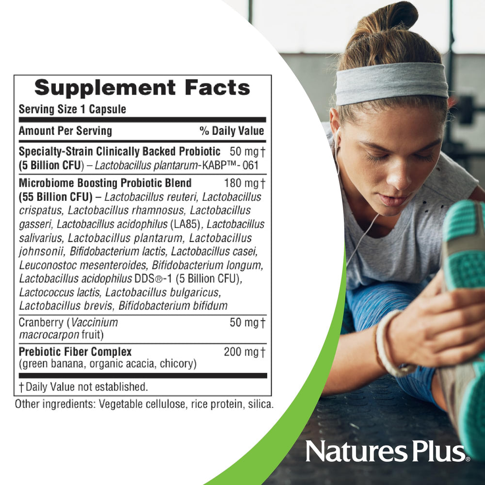NaturesPlus gluten-free label signaling allergen-friendly probiotic option.