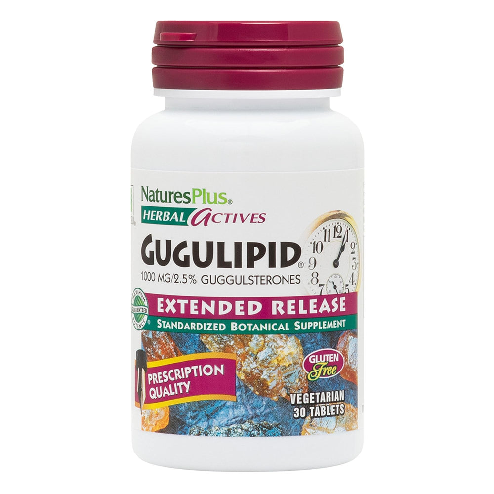 NaturesPlus Gugulipid bottle-front with extended-release tablets for daily wellness.