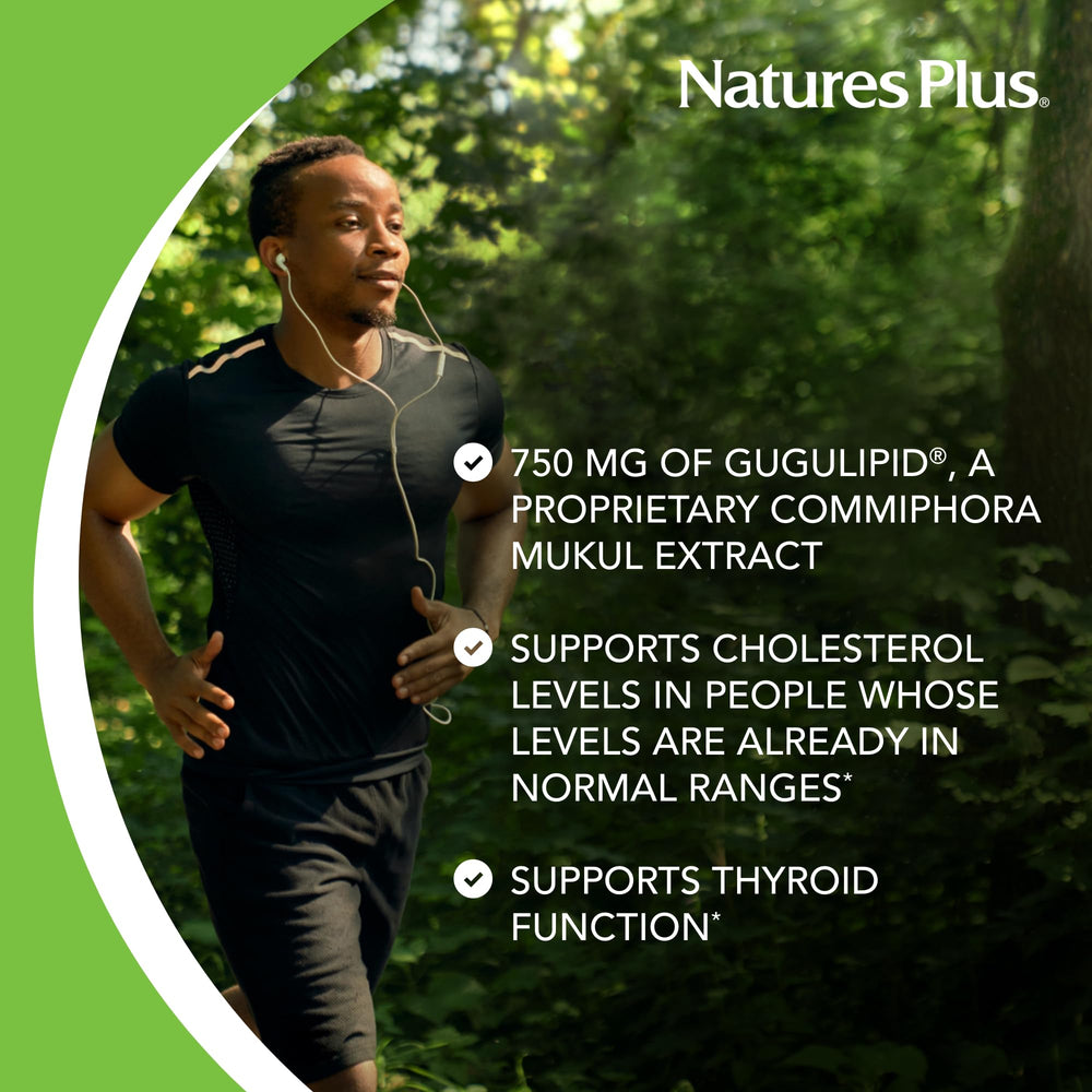 NaturesPlus Gugulipid bottle on shelf signaling gluten-free and allergen-safe supplement