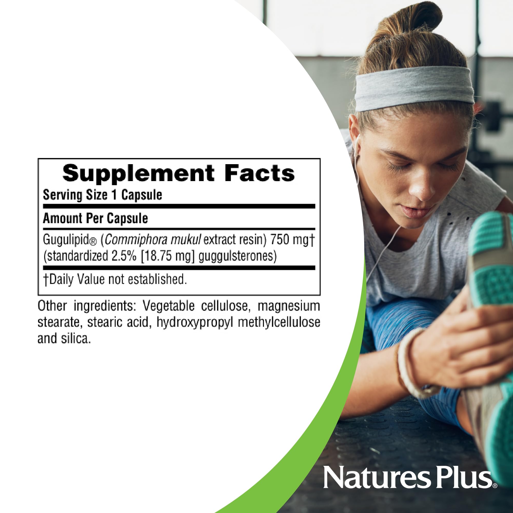 NaturesPlus Gugulipid packaging graphic highlighting cGMP manufacturing and vegan formula