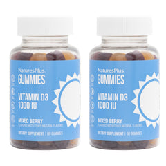 NaturesPlus Gummies D3 bottle shows 1000 IU per gummy for daily bone support.