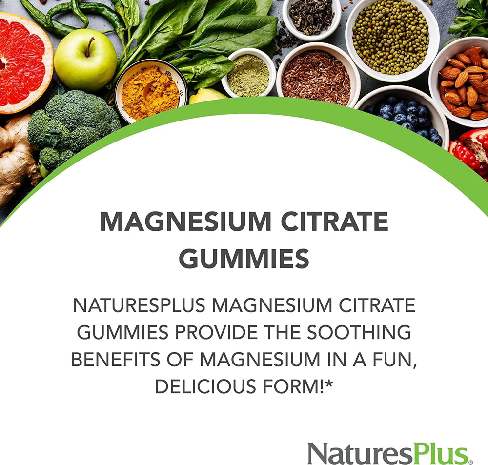 Nature'sPlus Magnesium Citrate Raspberry label highlights 105 mg per gummy