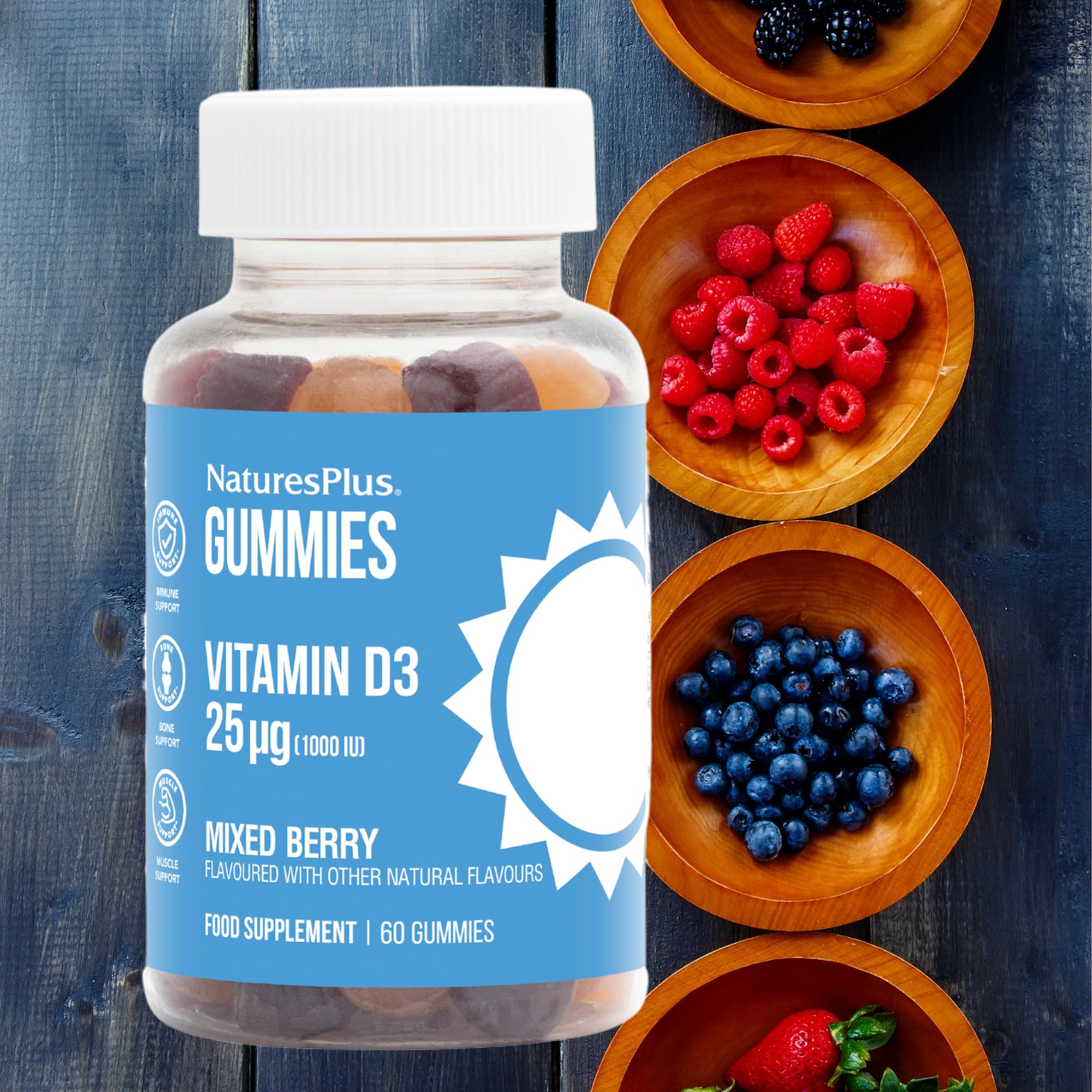 NaturesPlus Gummies non-GMO badge highlights a clean label vitamin D3 option