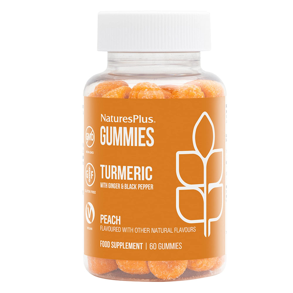 NaturesPlus Gummies Turmeric Curcumin peach bottle for convenient daily wellness.