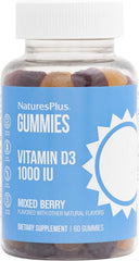 NaturesPlus Gummies Vitamin D3 1000 IU berry bottle highlights vegan, gluten-free support for daily wellness