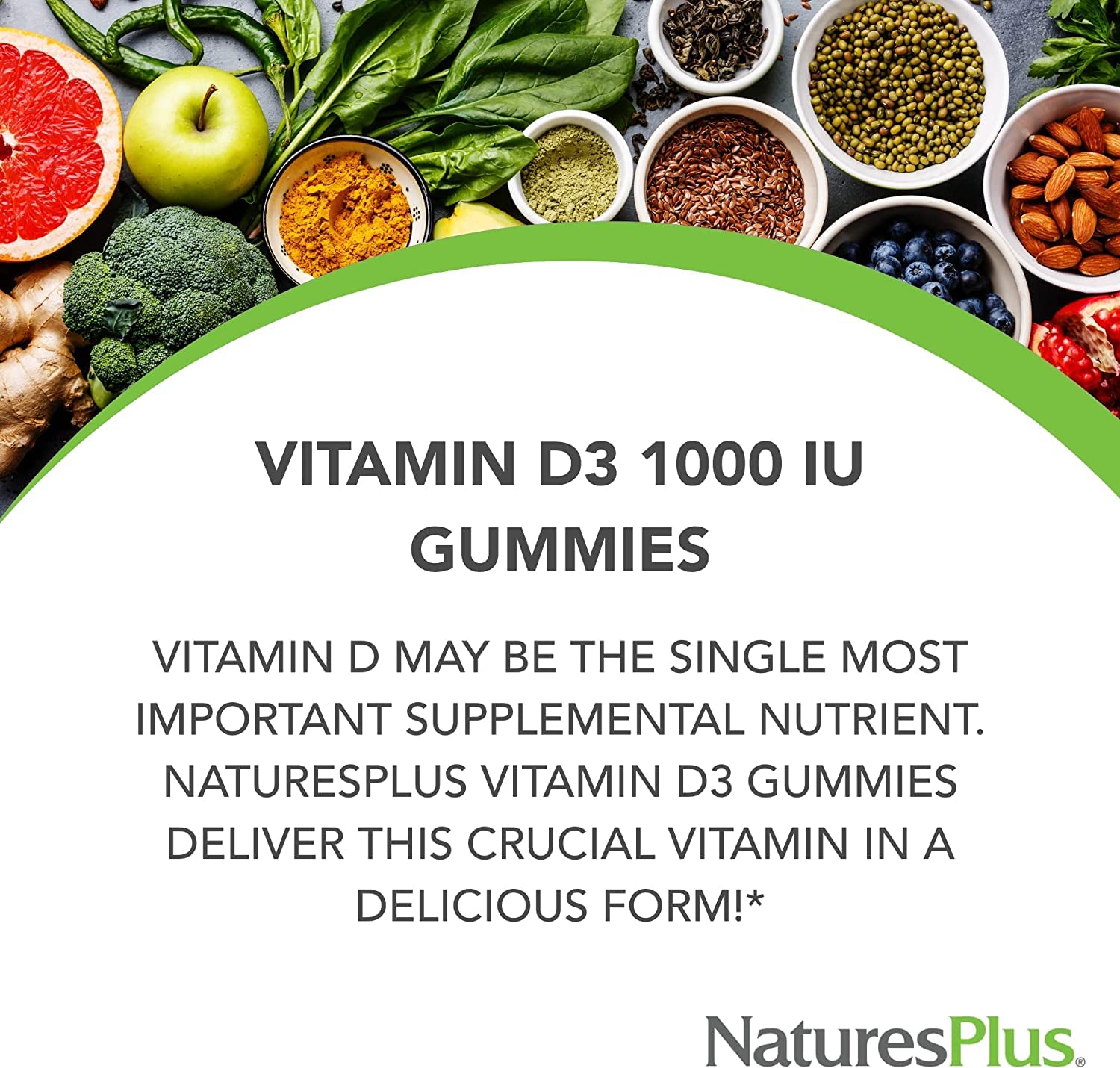 NaturesPlus Gummies Vitamin D3 1000 IU berry gummies shows mixed berry bite and convenient daily dose