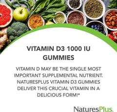 NaturesPlus Gummies Vitamin D3 label shows 1000 IU, signaling reliable bone health support