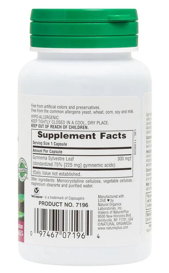Close-up of NaturesPlus Gymnema Sylvestre capsules in vegan 60-count packaging.