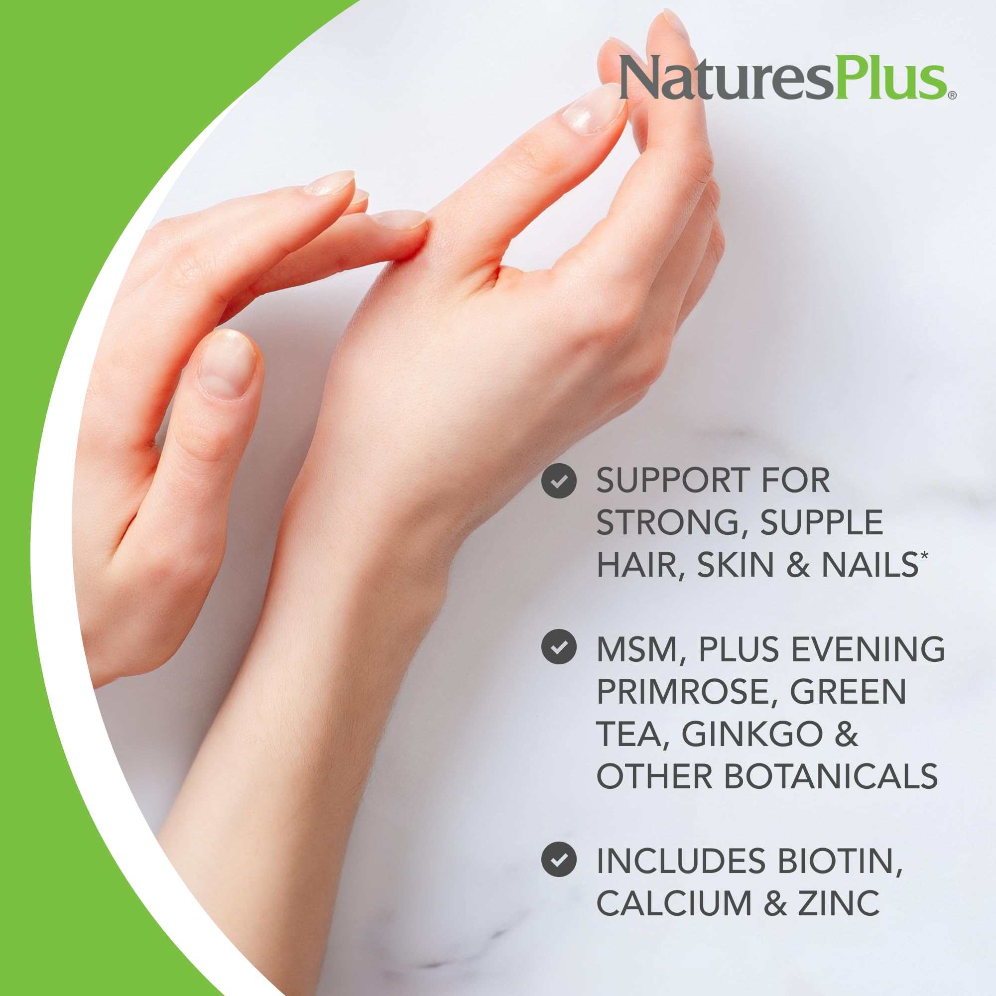 Nature's Plus ingredients-blend image showcasing biotin and minerals for hair, skin, and nails support.