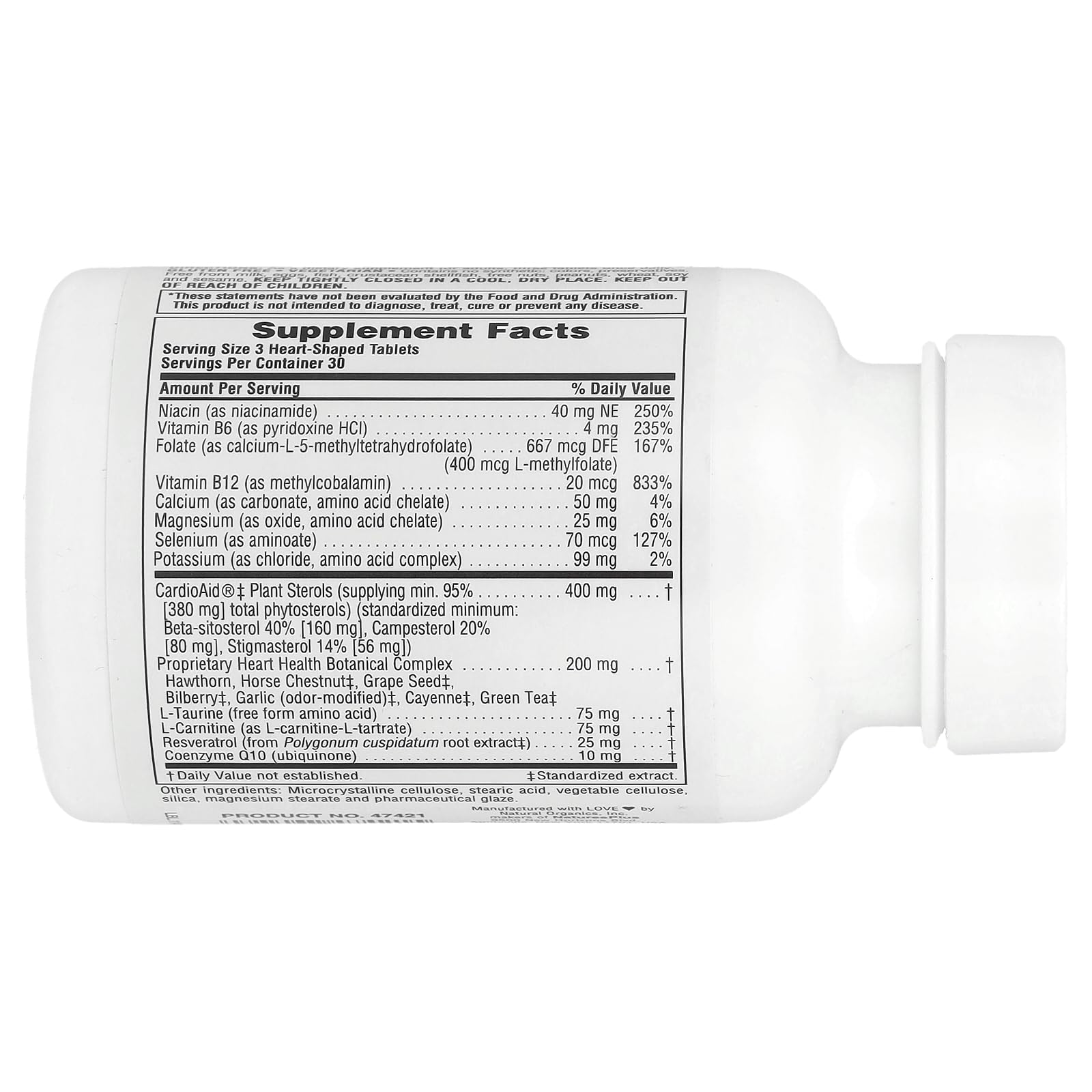 Close-up of NaturesPlus Heartbeat label highlighting vegetarian, gluten-free formulation.