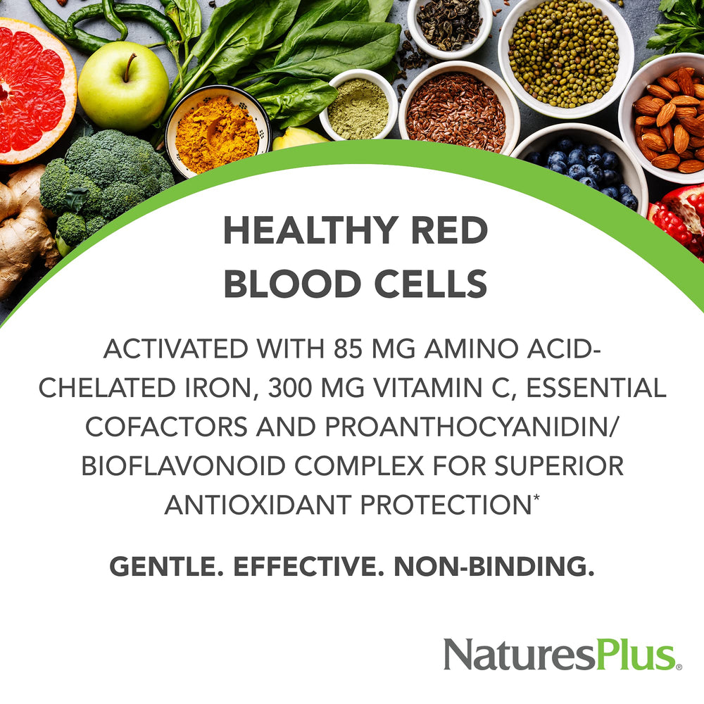 NaturesPlus Hema-Plex Iron bottle label highlighting vegan and gluten-free features