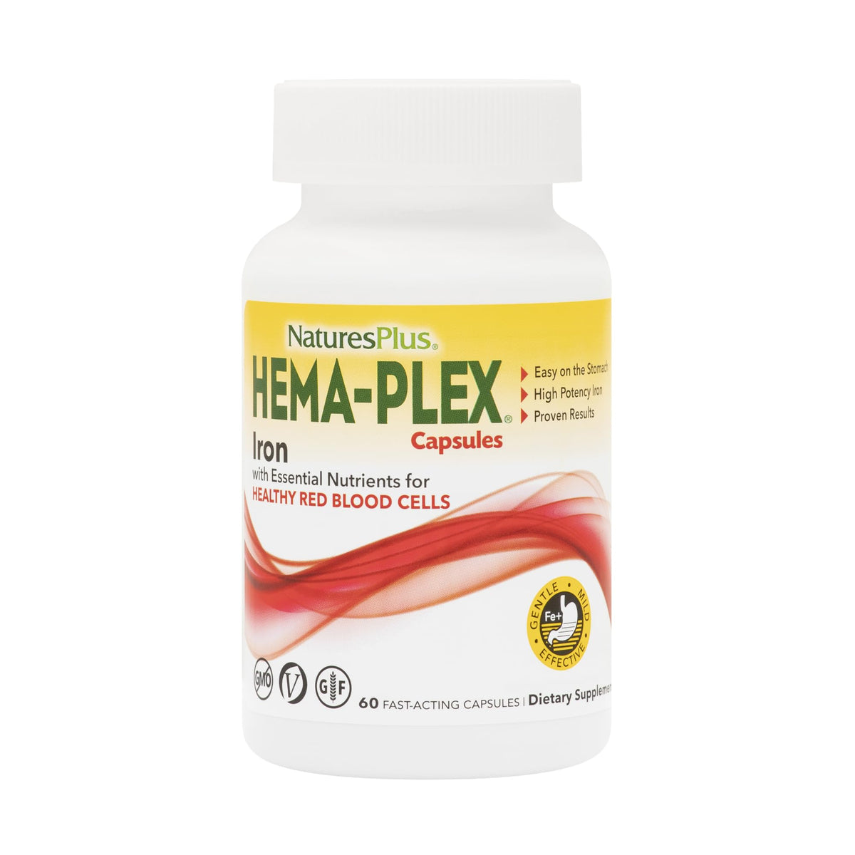 NaturesPlus Hema-Plex Iron bottle with label, highlighting fast-acting iron support.