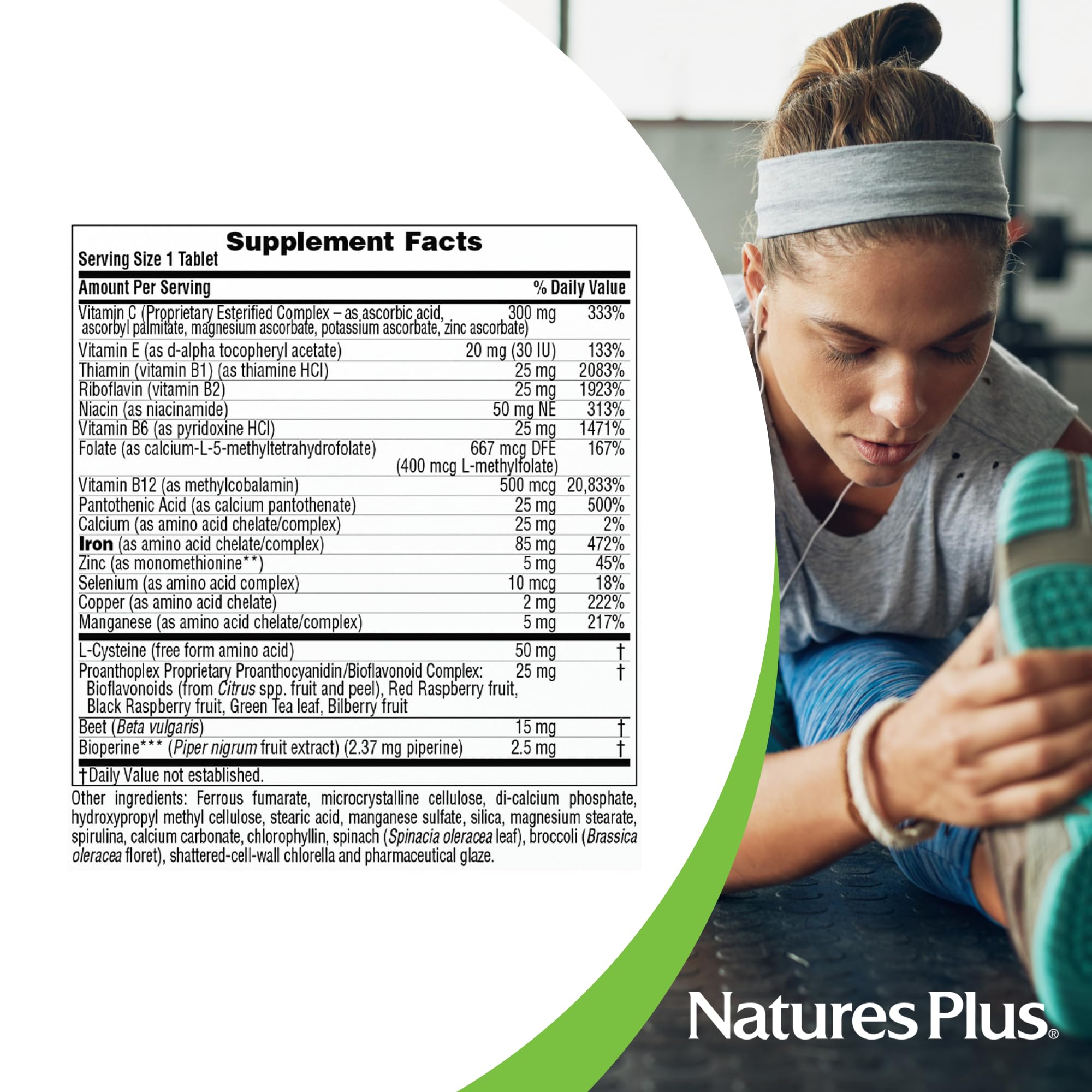 NaturesPlus Hema-Plex Iron tablet close-up shows slow-release design.