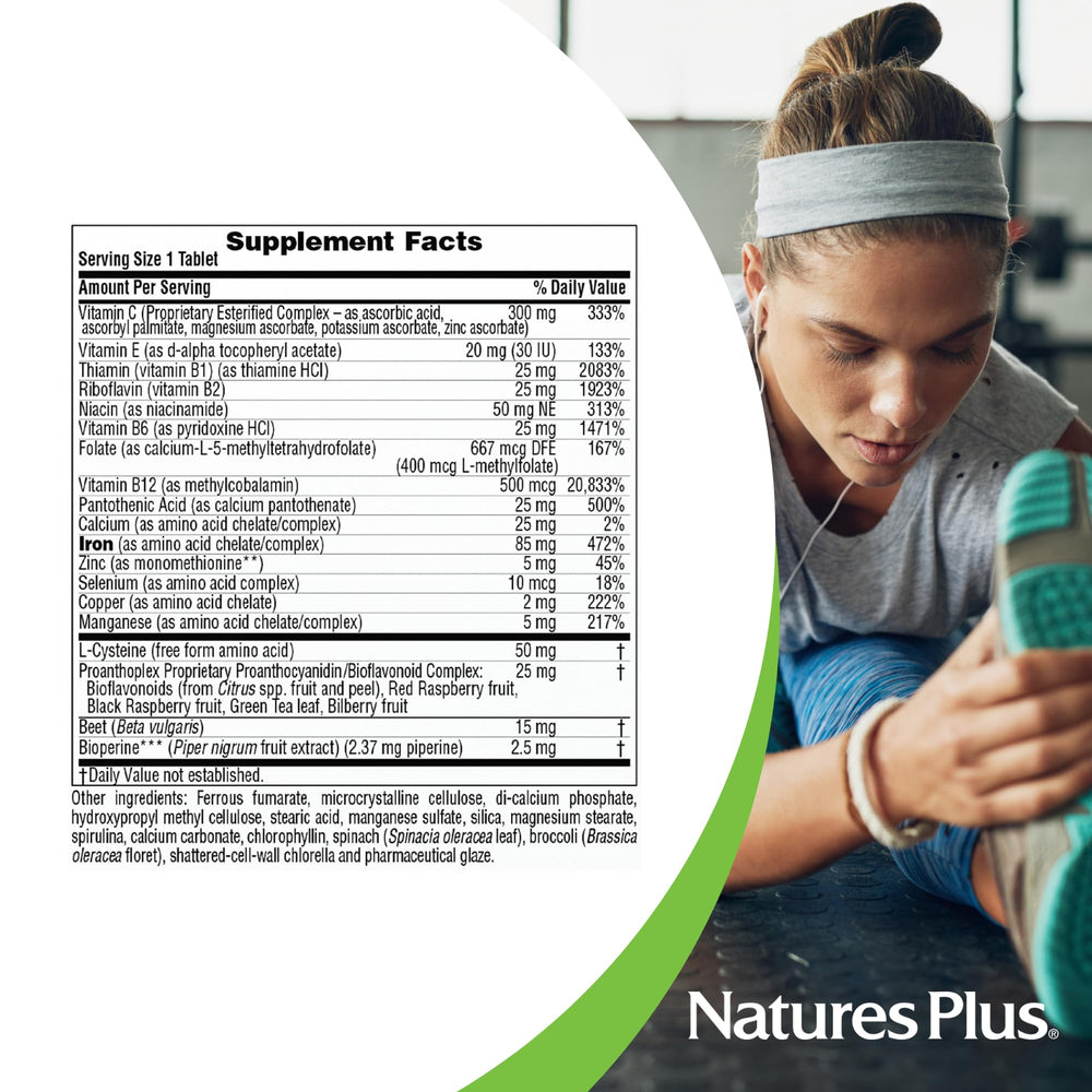 NaturesPlus Hema-Plex Iron tablet close-up shows slow-release design.