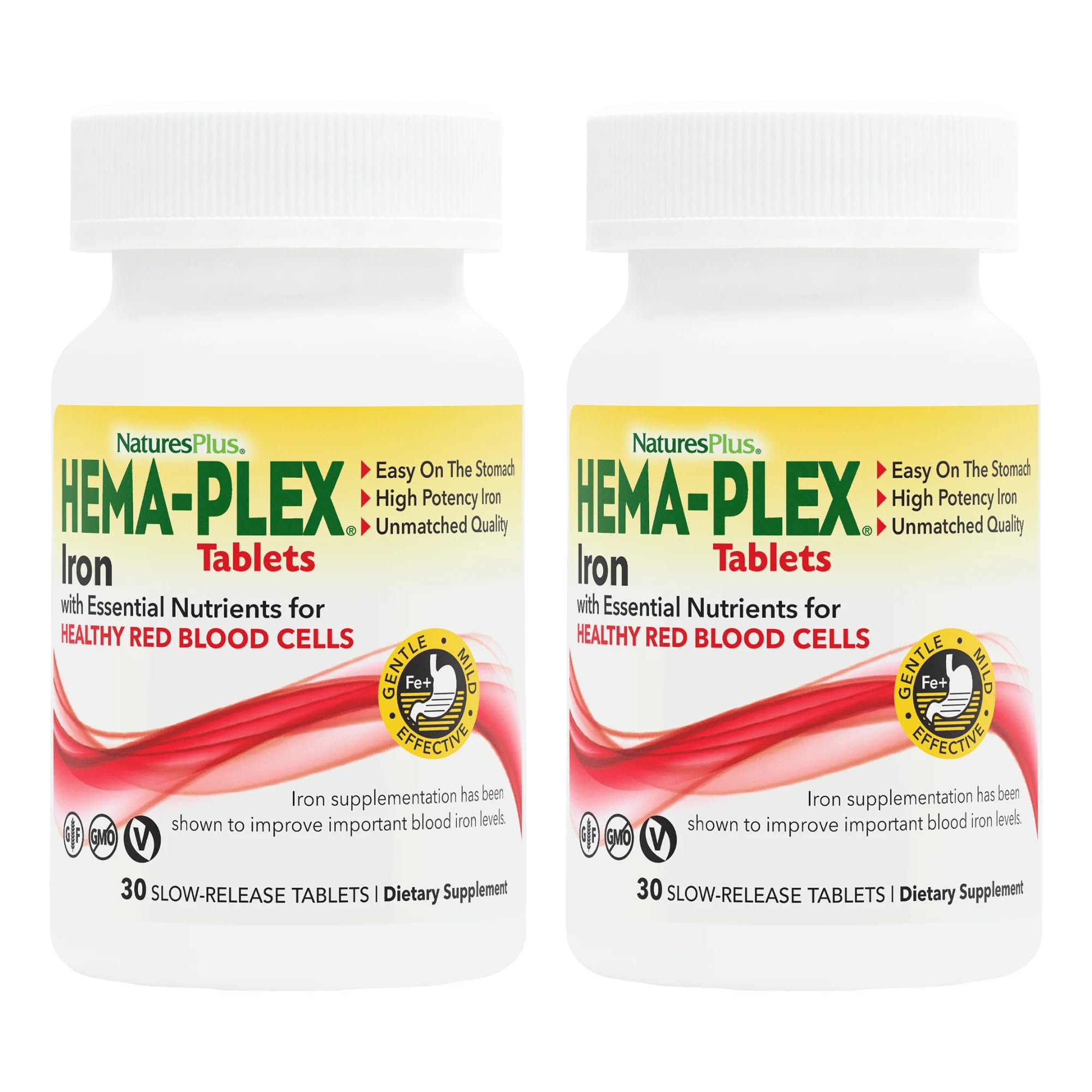 Nature’sPlus Hema-Plex Iron tablets in bottle, showcasing slow-release formula for steady iron support