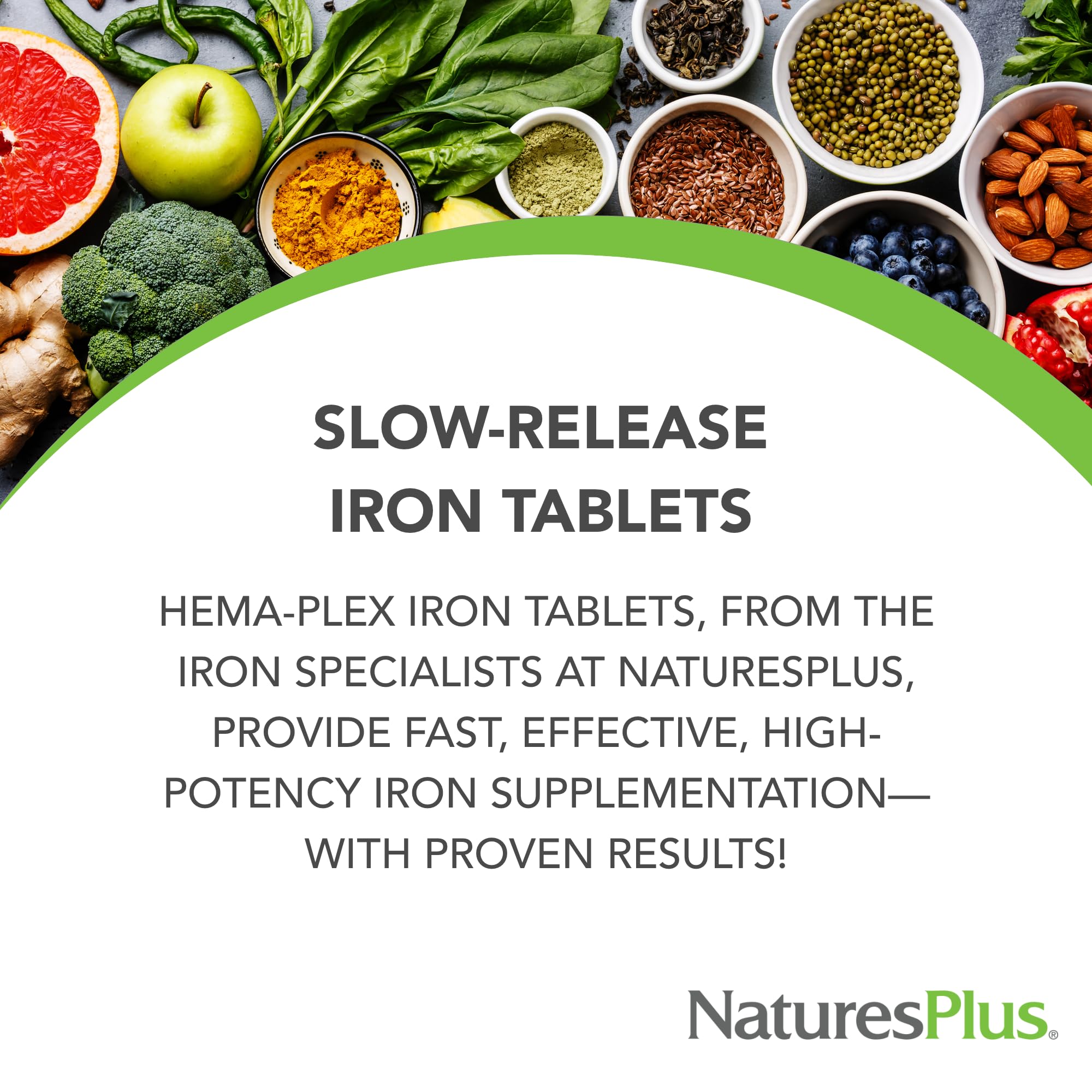 NaturesPlus Hema-Plex Iron tablets close-up showing chelated iron and vitamin C benefits