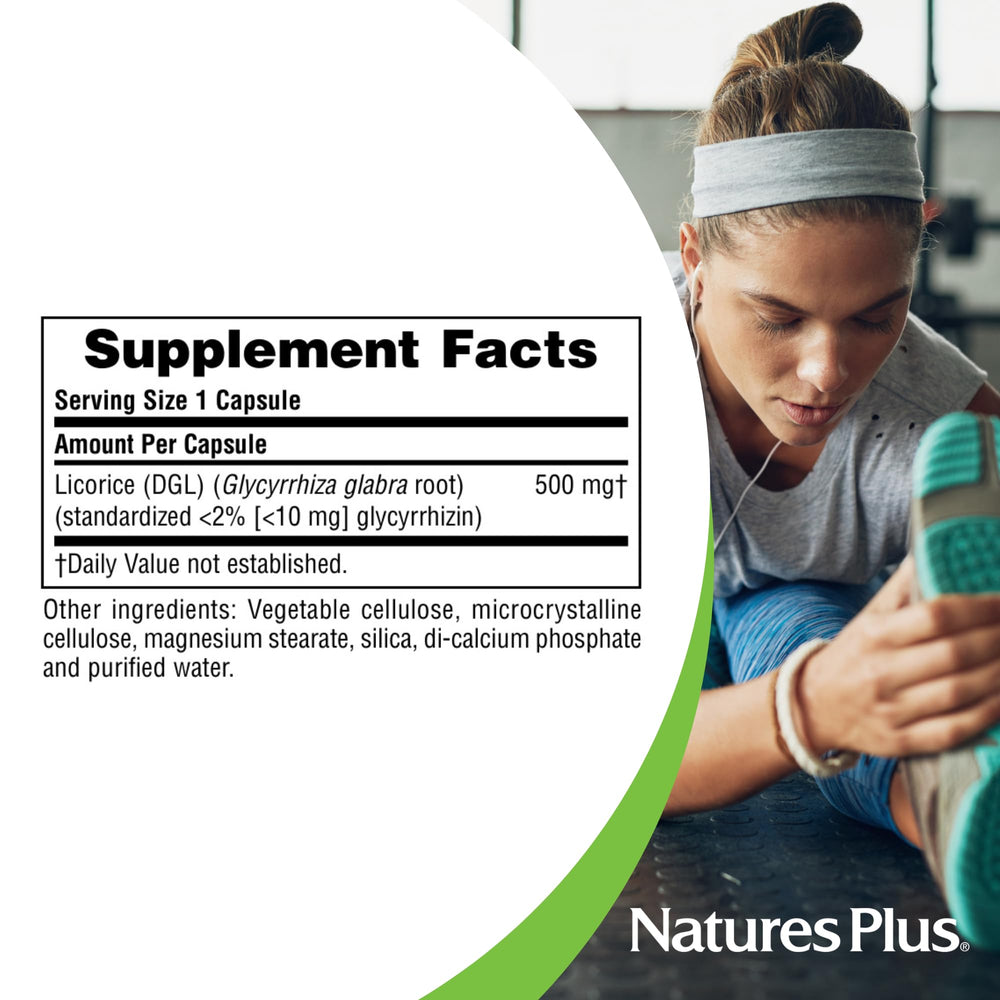 NaturesPlus Herbal Actives DGL capsules on kitchen counter for routine
