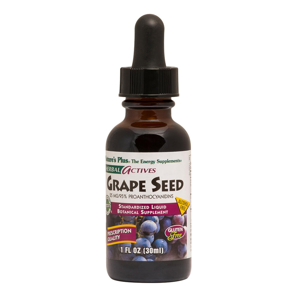 NaturesPlus Herbal Actives Grape Seed bottle shows vegan, alcohol-free drops for daily antioxidant support