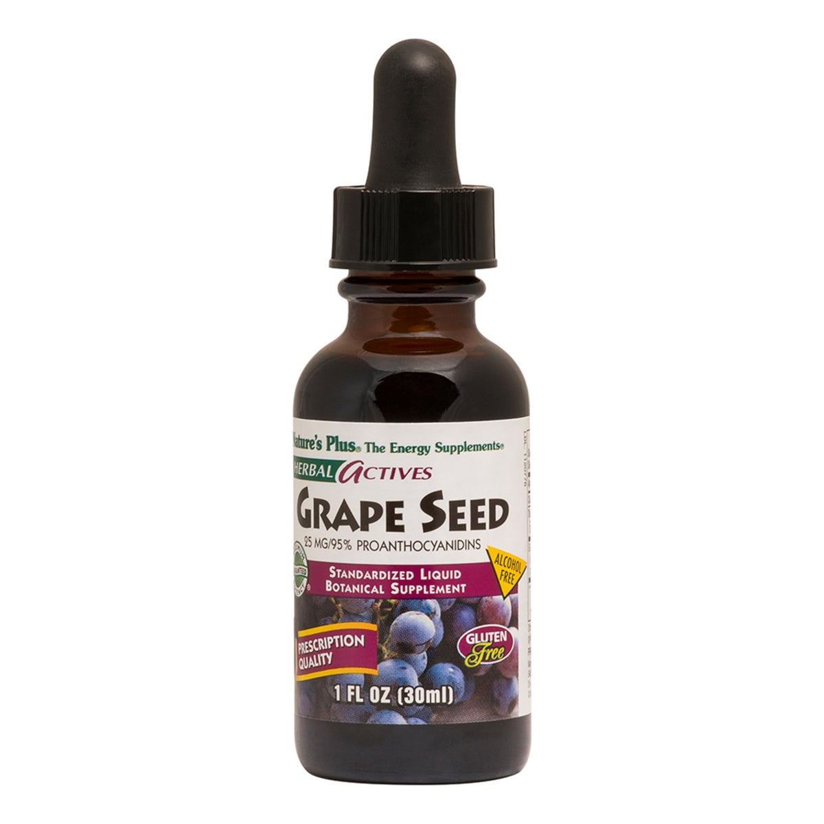 NaturesPlus Herbal Actives Grape Seed bottle shows vegan, alcohol-free drops for daily antioxidant support