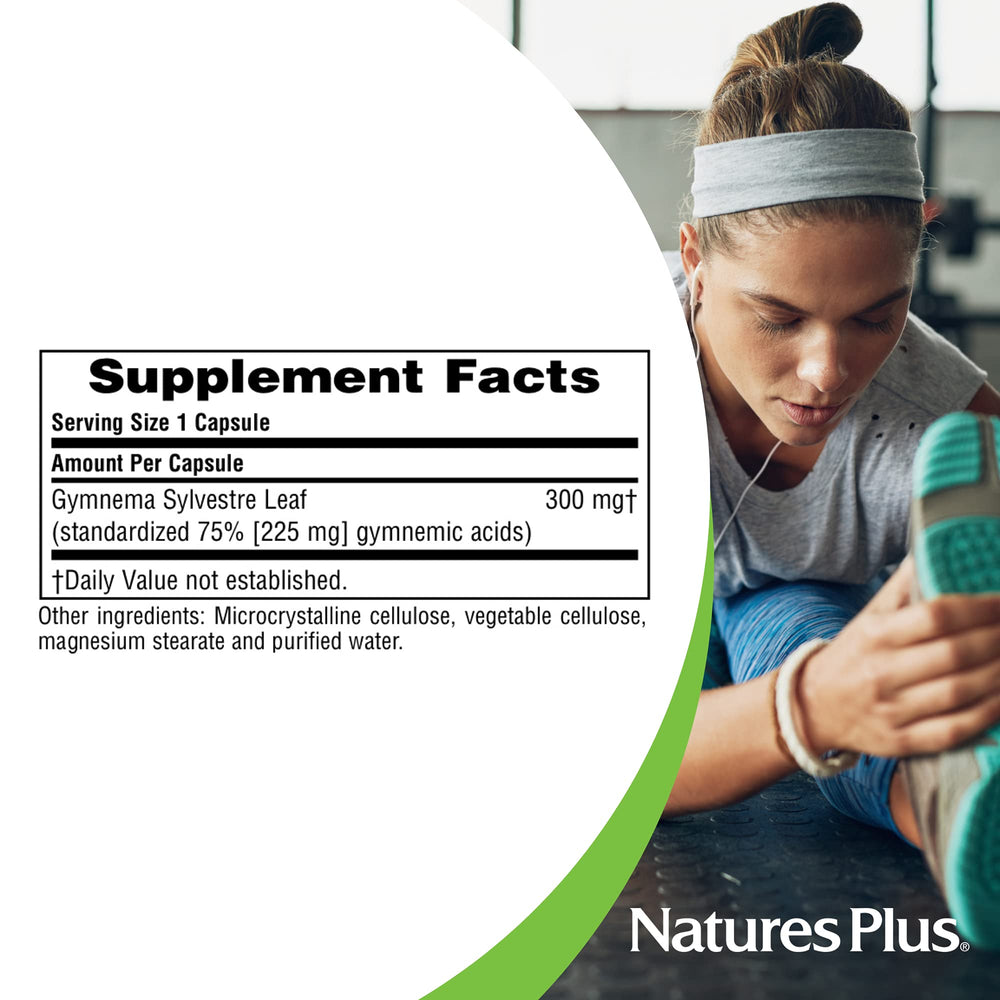 Close-up of the NaturesPlus Herbal Actives Gymnema label highlighting Ayurvedic botanicals.
