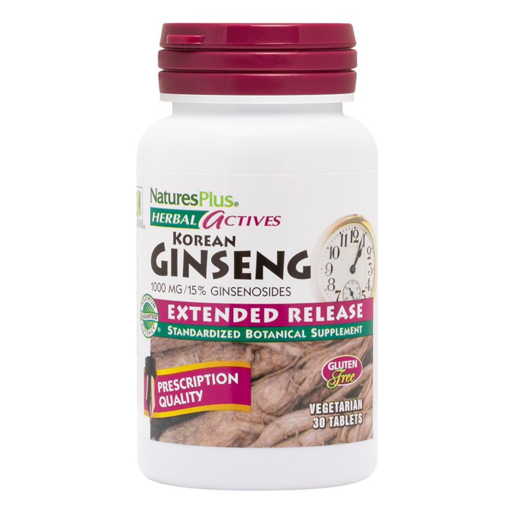 NaturesPlus Herbal Actives Korean Ginseng bottle front, extended-release formula for steady daily support.