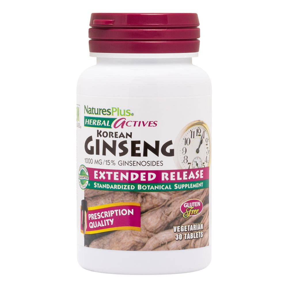 NaturesPlus Herbal Actives Korean Ginseng bottle front, extended-release formula for steady daily support.