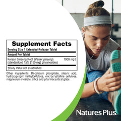 NaturesPlus Herbal Actives Korean Ginseng nutrition facts panel displayed on bottle.