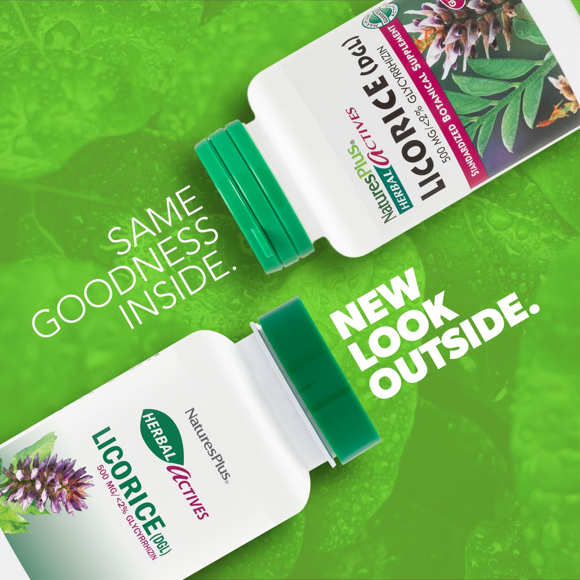 NaturesPlus Herbal Actives Licorice DGL capsules closeup highlighting consistent potency.