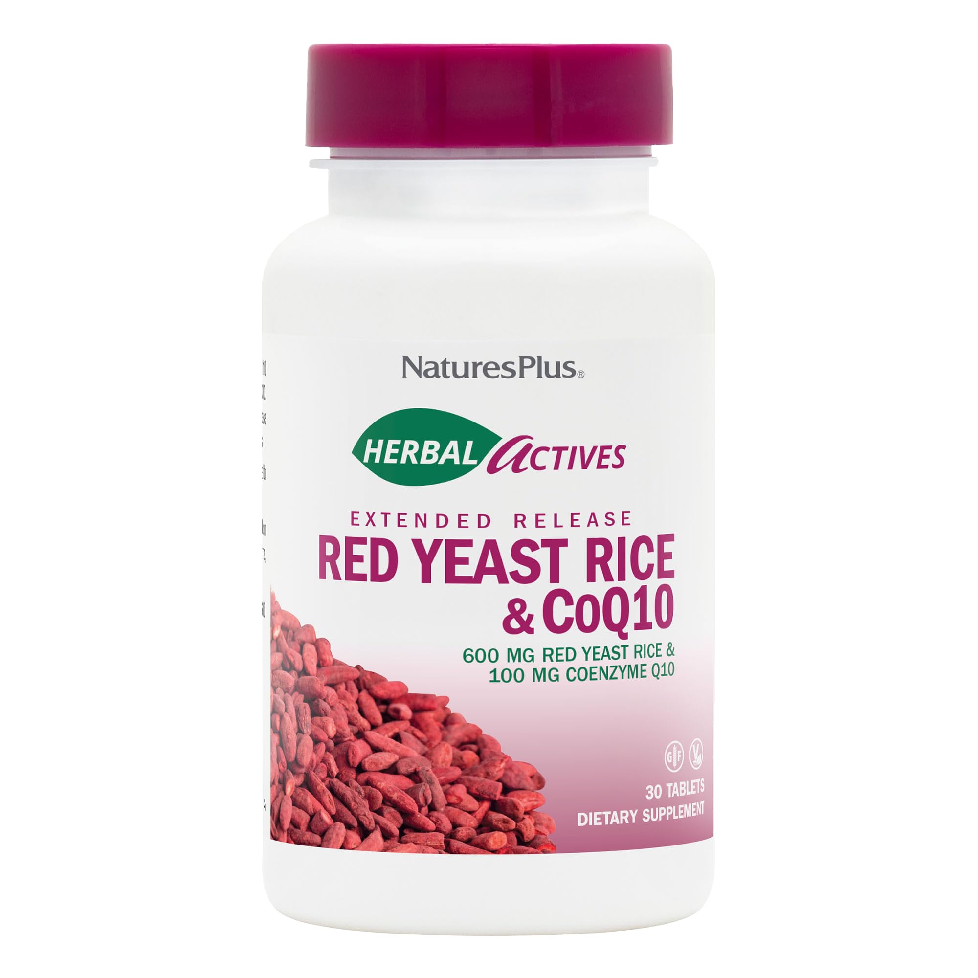 NaturesPlus Herbal Actives Red Yeast Rice CoQ10 tablets in bottle with extended-release design
