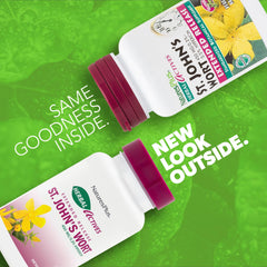 NaturesPlus Herbal Actives St. John’s Wort tablets beside packaging for daily well-being.