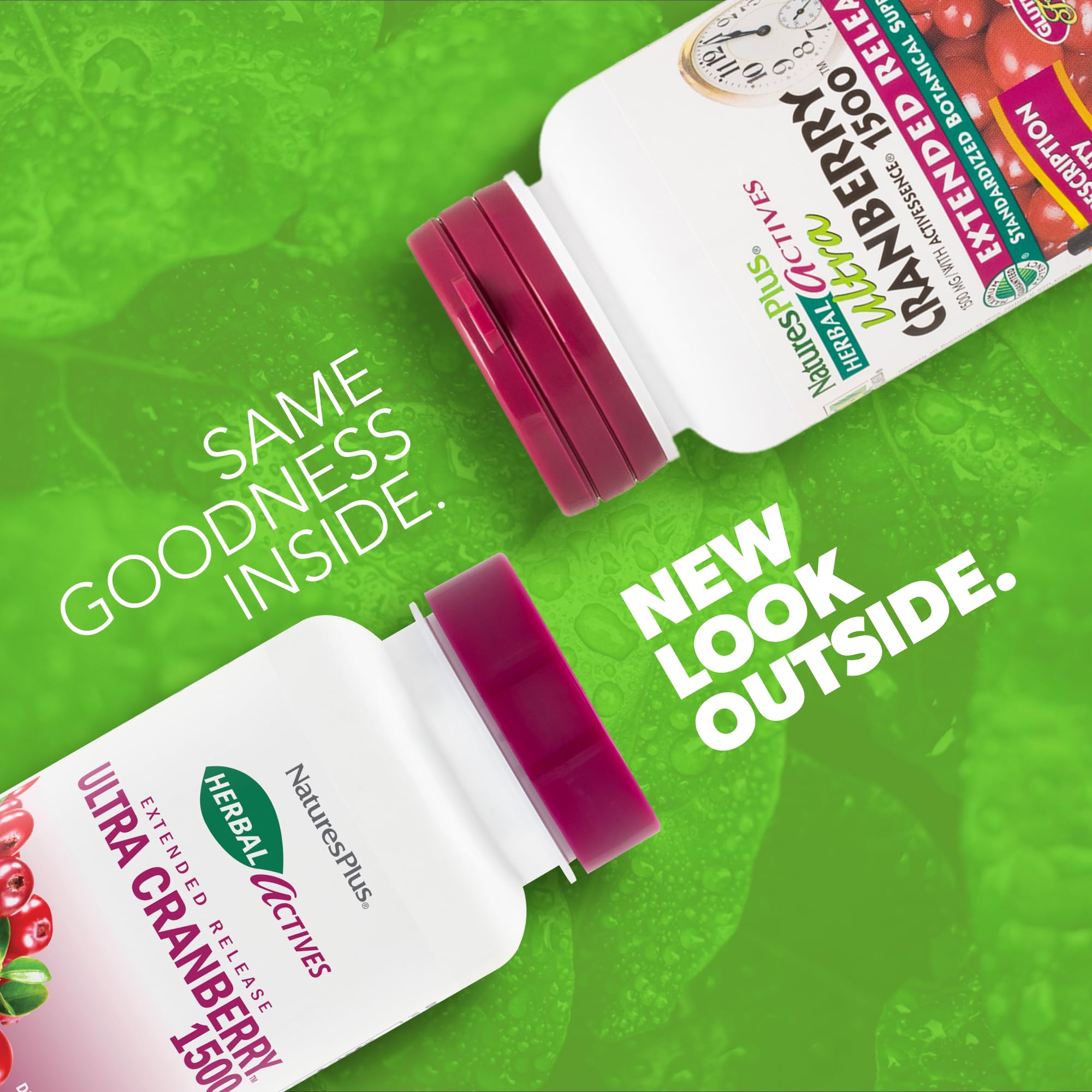 NaturesPlus Herbal Actives Ultra Cranberry 1500 bottle close-up shows cranberry solids