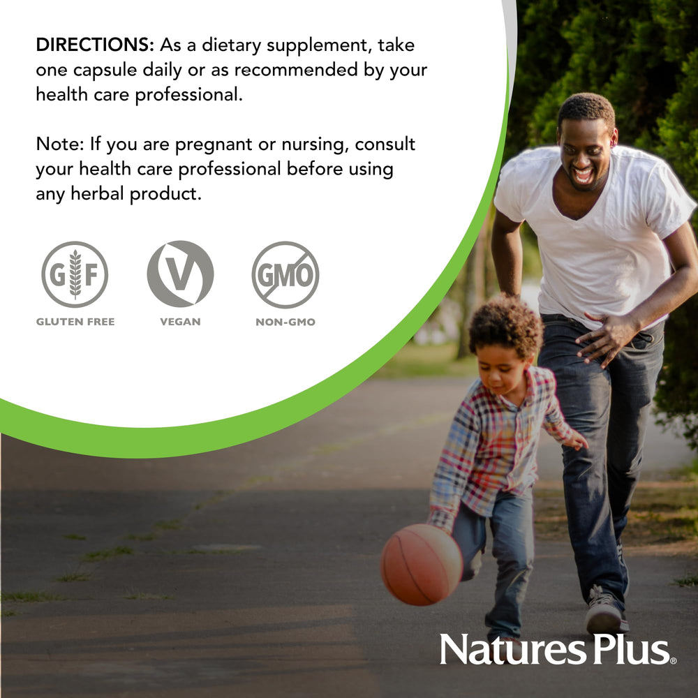 NaturesPlus Herbal Actives Astragalus capsule image emphasizes daily serving potential.