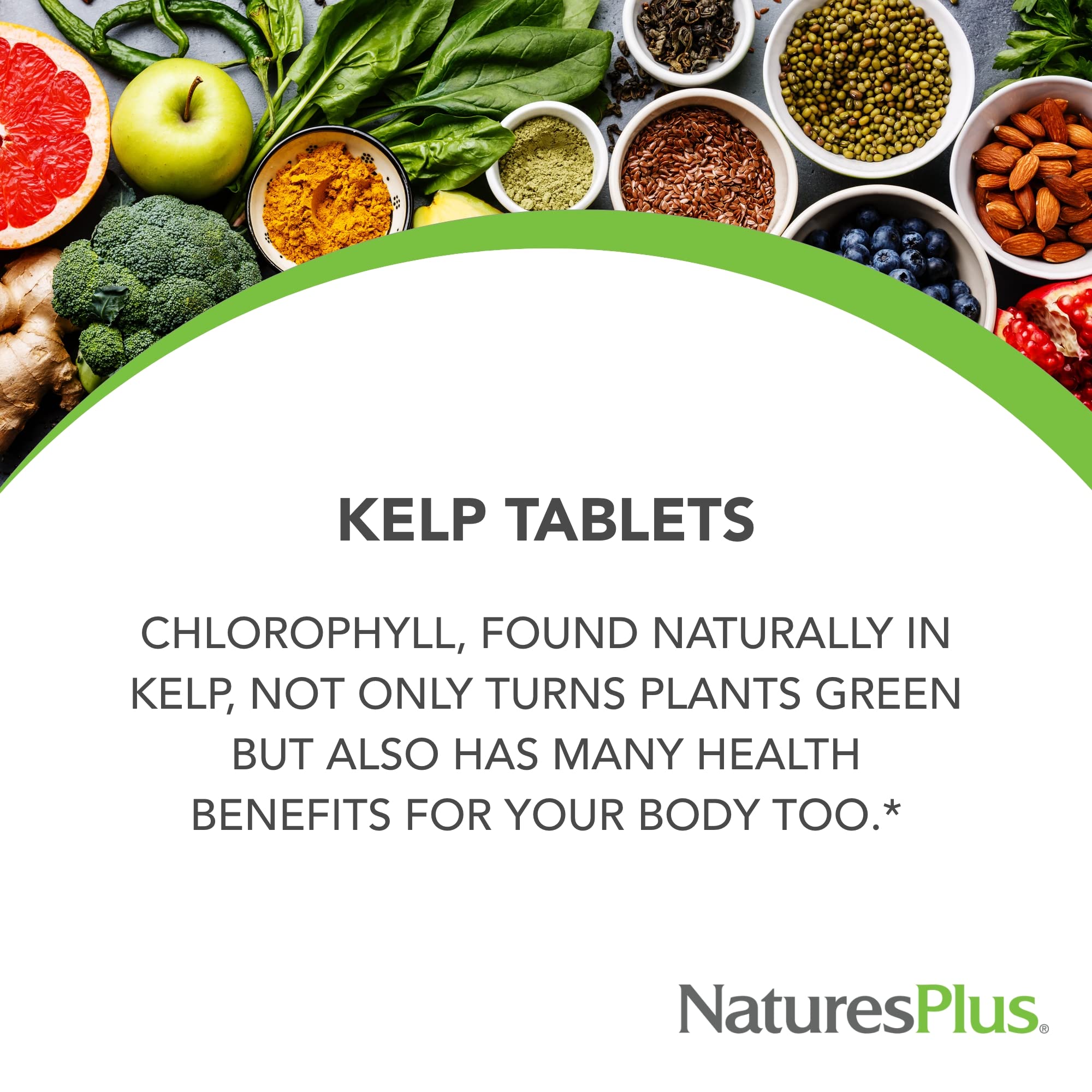 Serving information visible on NaturesPlus Icelandic Kelp bottle.