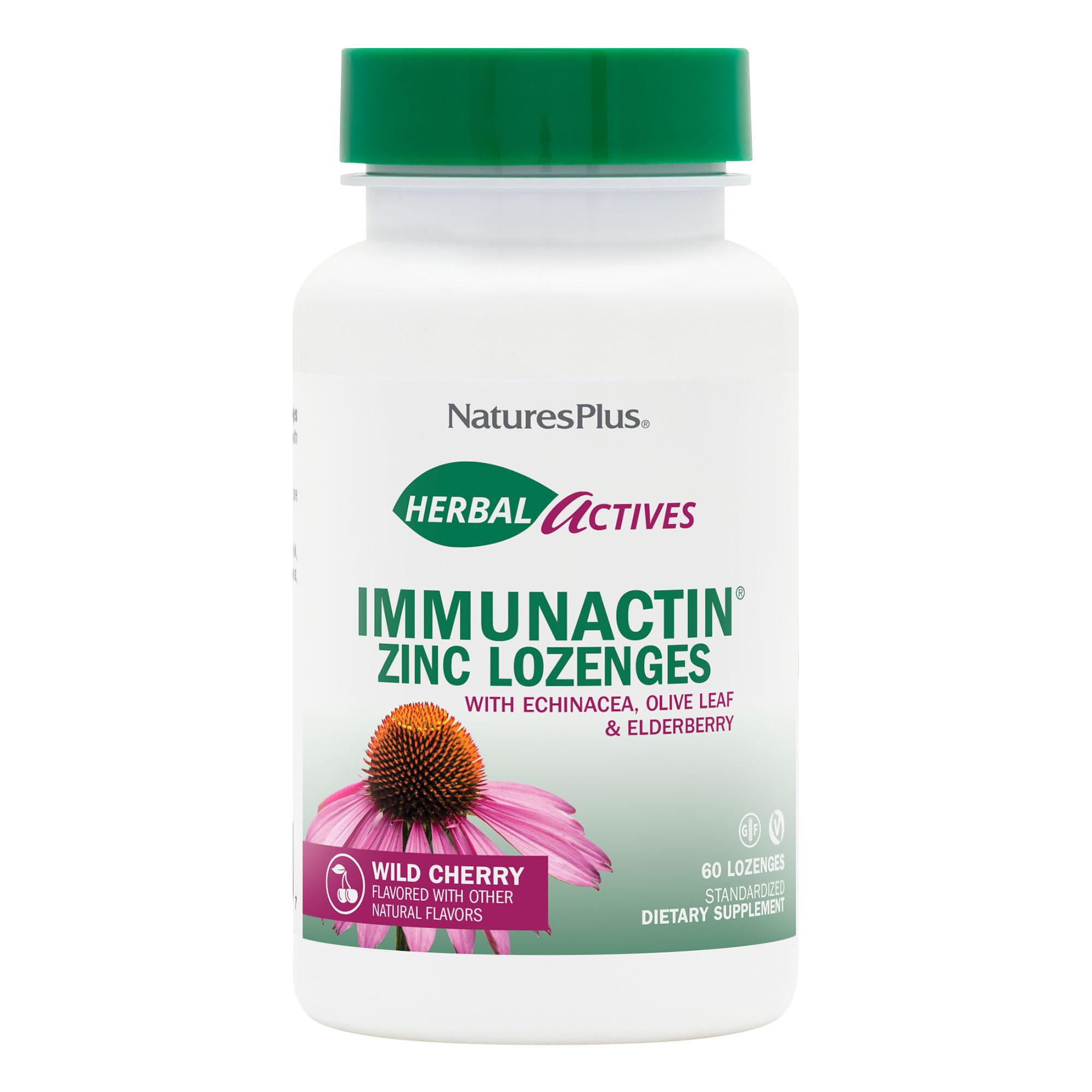 NaturesPlus ImmunActin lozenges wild cherry packshot showing vegan, gluten-free formula for immune wellness